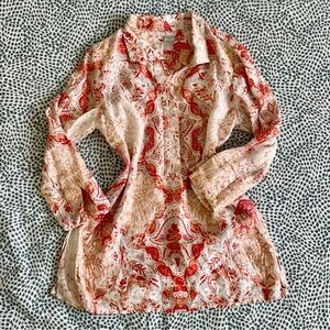 Chico's Orange and Cream Paisley Floral Button-Front Linen Tunic Sz 4/6 Summer